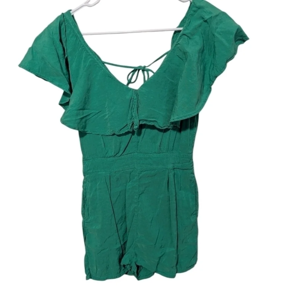 Zara, linen blend green shorts romper, size S